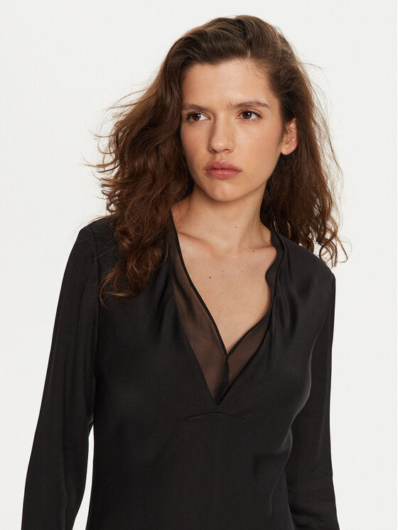 Sheer Panel Ls Shift Midi Dress Ck Black / 42