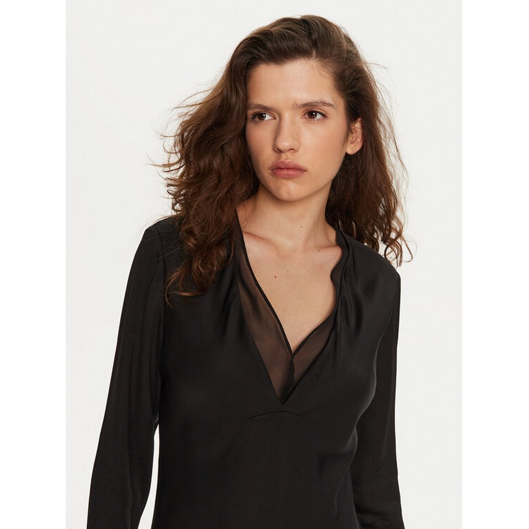 Sheer Panel Ls Shift Midi Dress Ck Black / 42