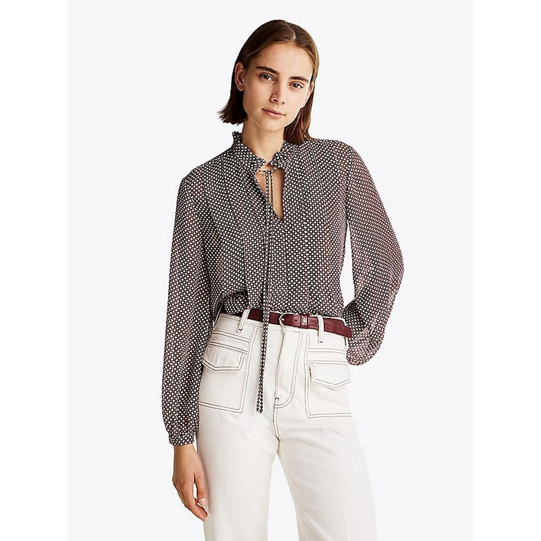Ruffle Pleat Print Ls Blouse Mini Geo Primary Red / 42